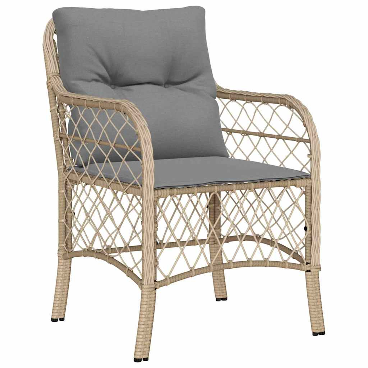 Korbstuhl mit grauem Kissen und Rückenlehne. Der Stuhl ist beige und hat ein Rautenmuster. Das Kissen und die Rückenlehne sind grau.