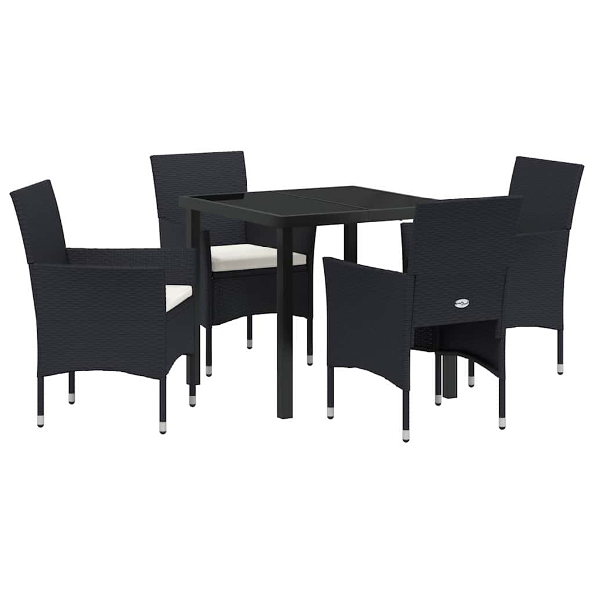 Un set da pranzo nero per esterni con un tavolo quadrato e quattro sedie. Le sedie hanno cuscini bianchi.