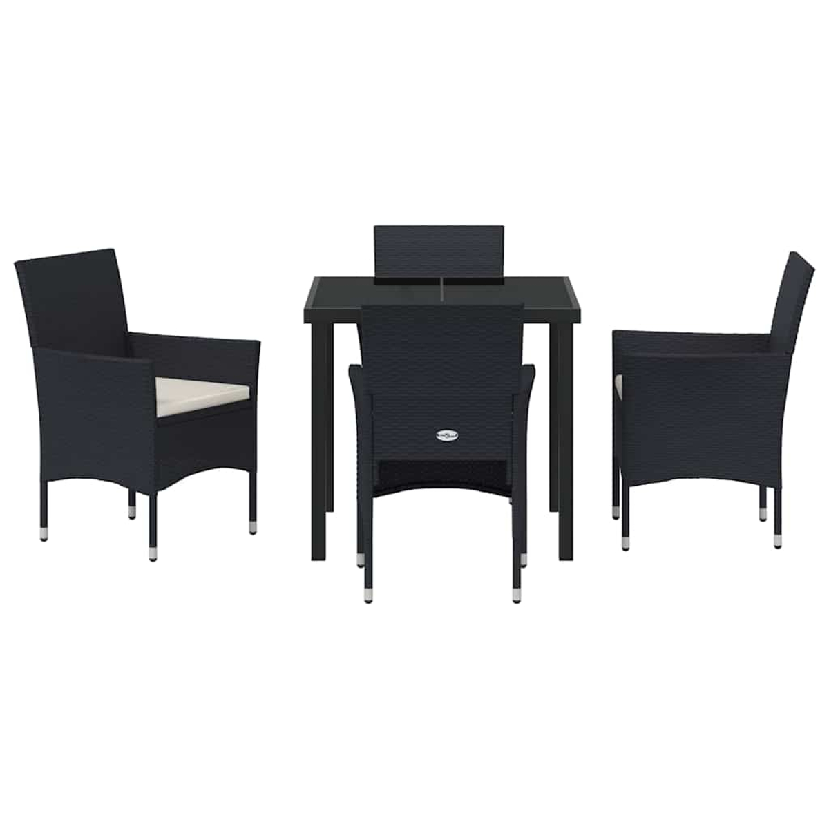 Un set da pranzo nero da esterno con un tavolo quadrato e quattro sedie. Le sedie hanno cuscini bianchi sporchi.