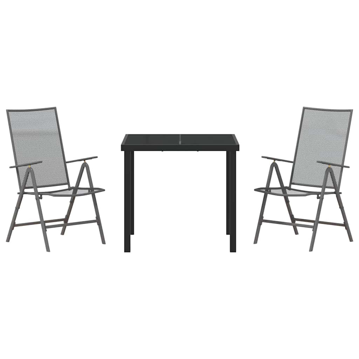 Zwei graue Stühle mit Netzrücken flankieren einen quadratischen schwarzen Tisch vor weißem Hintergrund.
