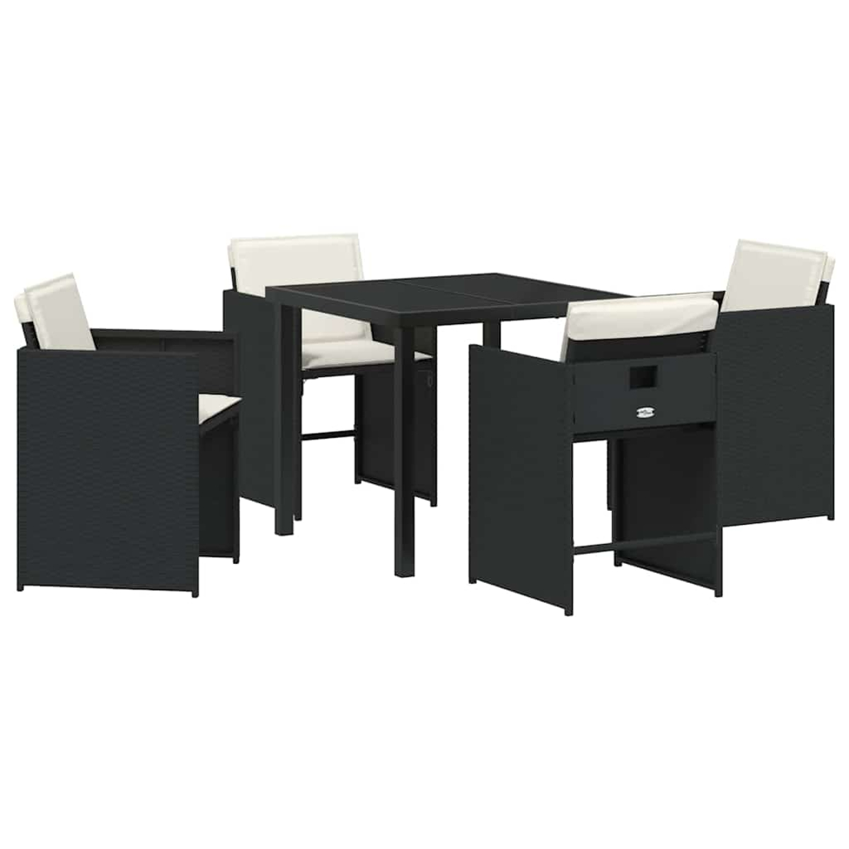 Un set da pranzo nero per esterni con un tavolo quadrato e quattro sedie con cuscini bianchi. Sfondo bianco.