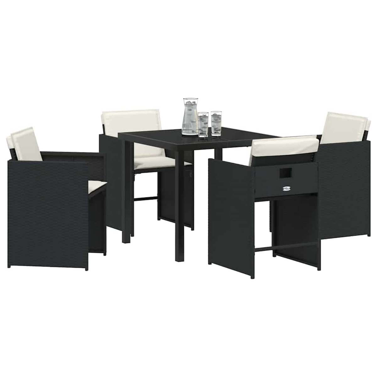 Set da pranzo all'aperto con tavolo nero quadrato, quattro sedie nere con cuscini bianchi e una caraffa d'acqua con bicchieri.