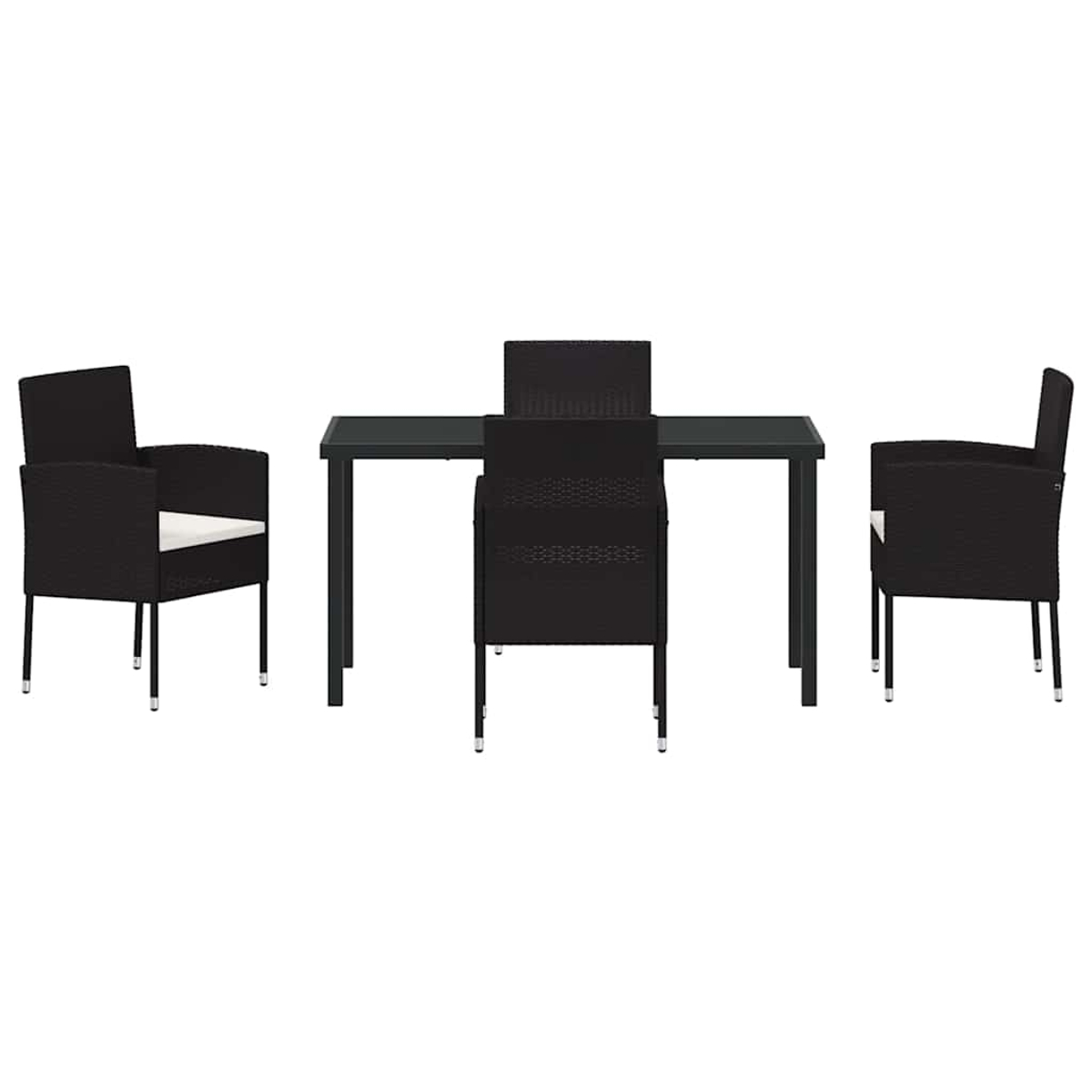 Ein schwarzes Esszimmer-Set für den Außenbereich. Es hat einen rechteckigen Tisch und vier Stühle. Zwei Stühle haben weiße Kissen.