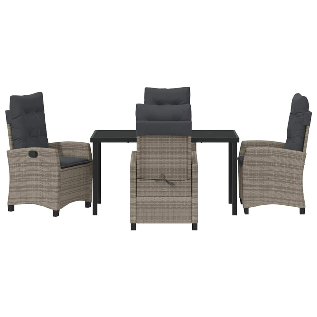 Set da patio in vimini con tavolo nero e quattro sedie con cuscini grigi. Le sedie sono disposte attorno al tavolo.