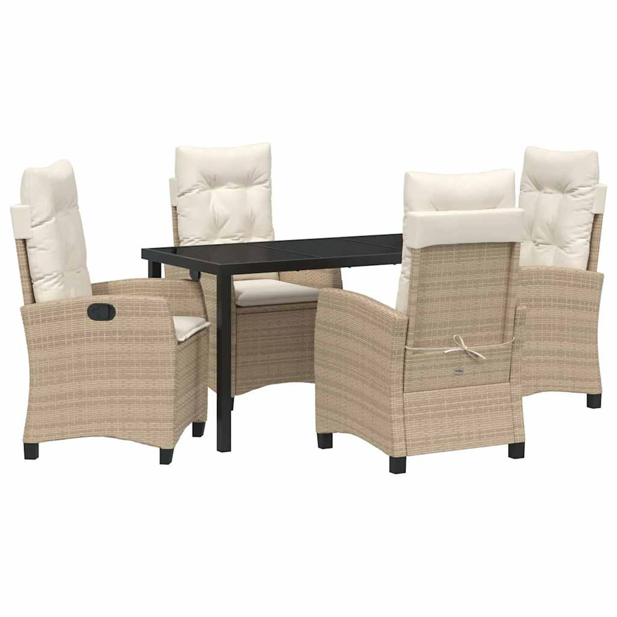 Un set da patio con un tavolo nero e quattro sedie in vimini con cuscini color crema. Le sedie sono disposte attorno al tavolo.