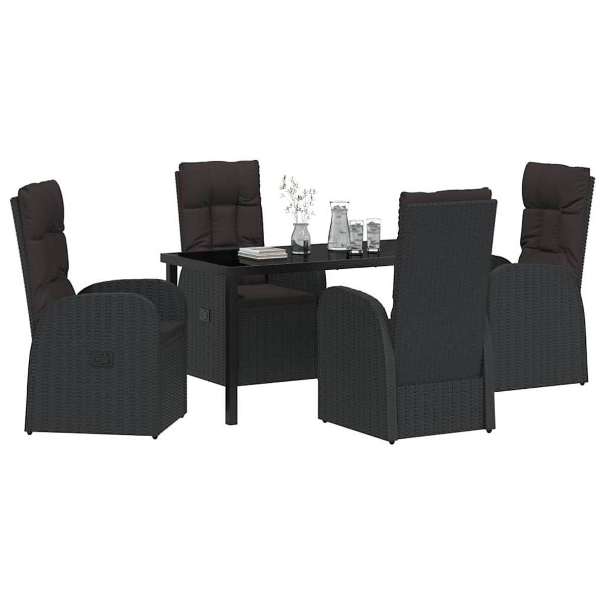 Ein schwarzes Esszimmer-Set für den Außenbereich mit Tisch, vier Stühlen mit Kissen und Dekorationen auf dem Tisch.
