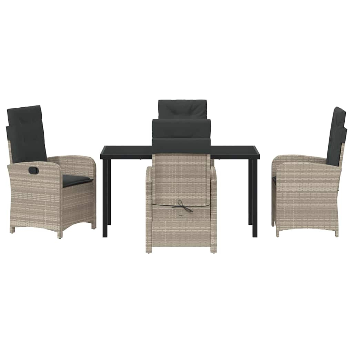 Ein Rattantisch-Set mit vier Stühlen. Die Stühle haben schwarze Kissen. Der Tisch hat eine schwarze Oberfläche und schwarze Beine.