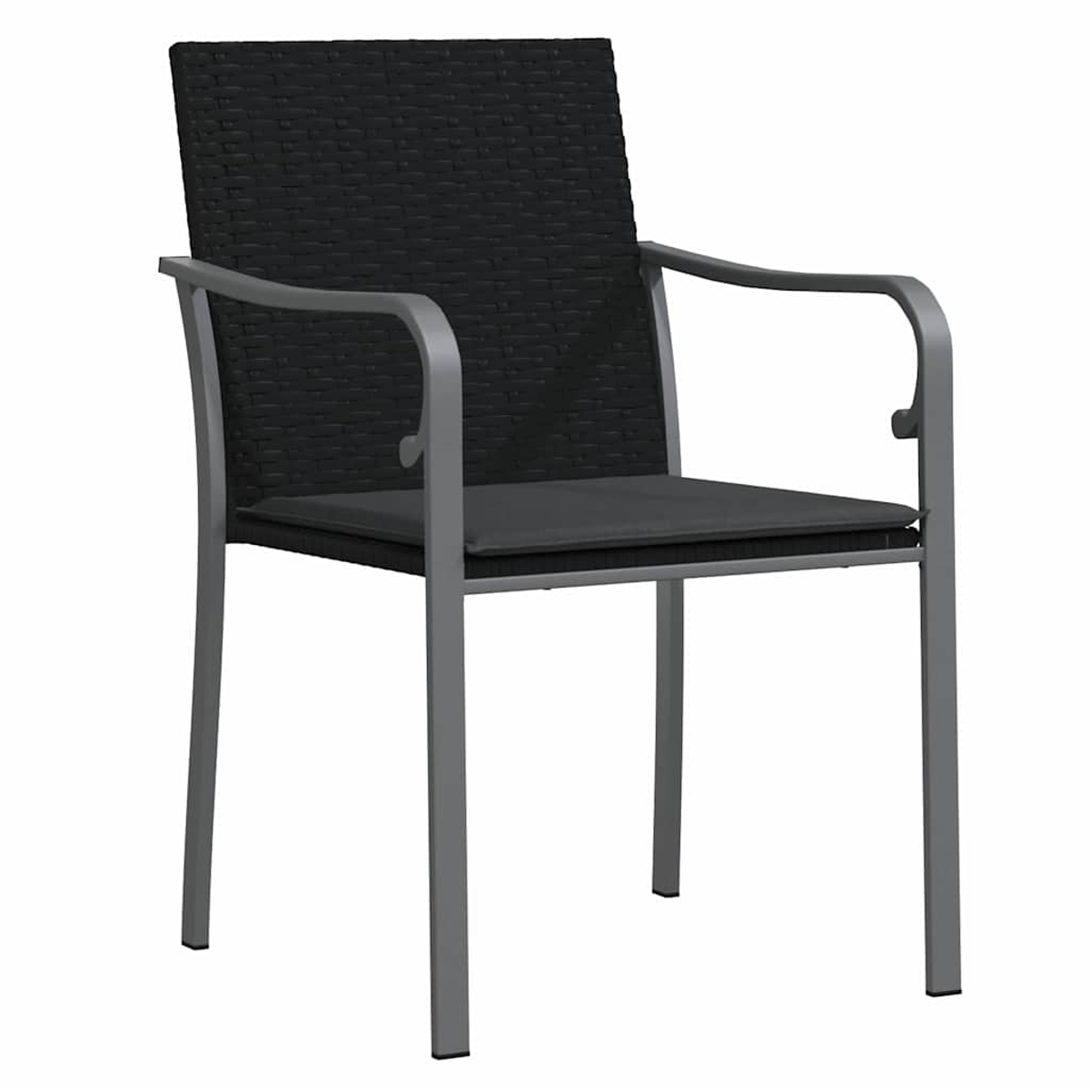 Una silla negra tejida con estructura metálica gris, reposabrazos y patas. El asiento y el respaldo son negros.