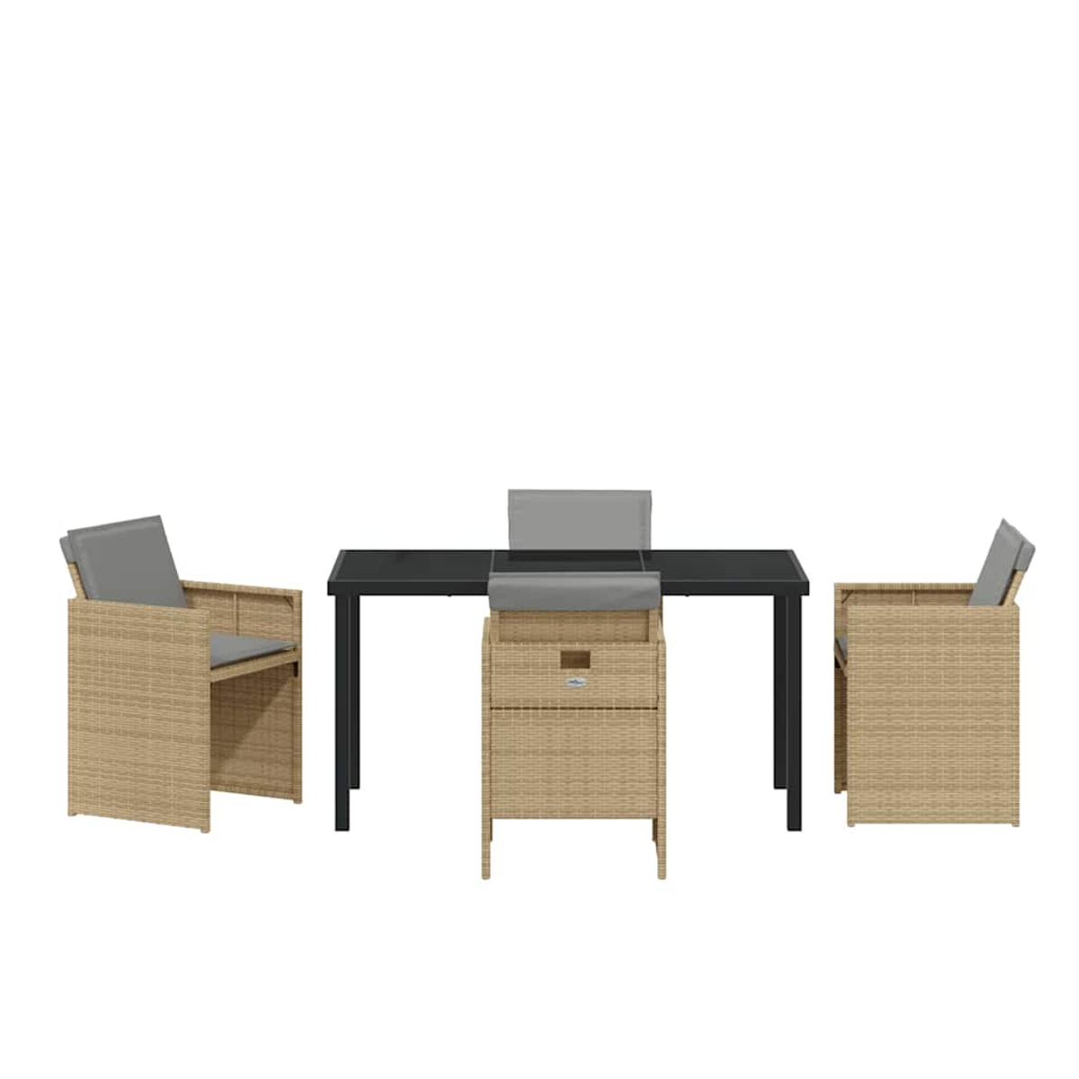 Set di mobili da esterno: tavolo e sedie. Sedie in vimini beige con cuscini grigi attorno a un tavolo nero. Un'unità di stoccaggio.