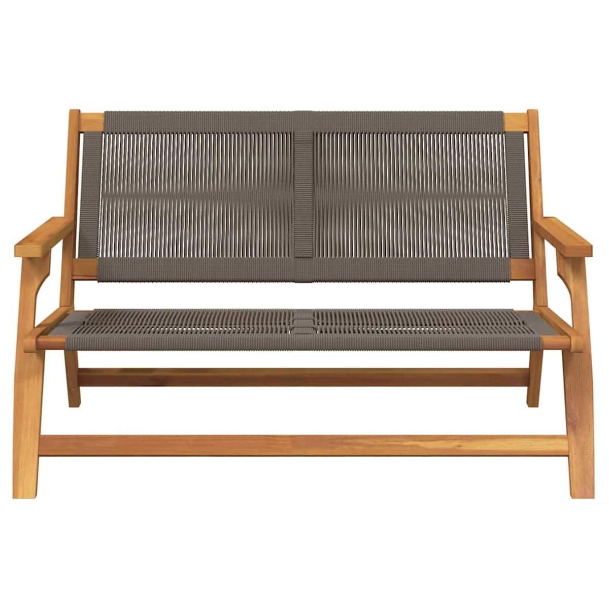 Banqueta de madera con respaldo y asiento de cuerda gris. El marco es marrón. El fondo es blanco.