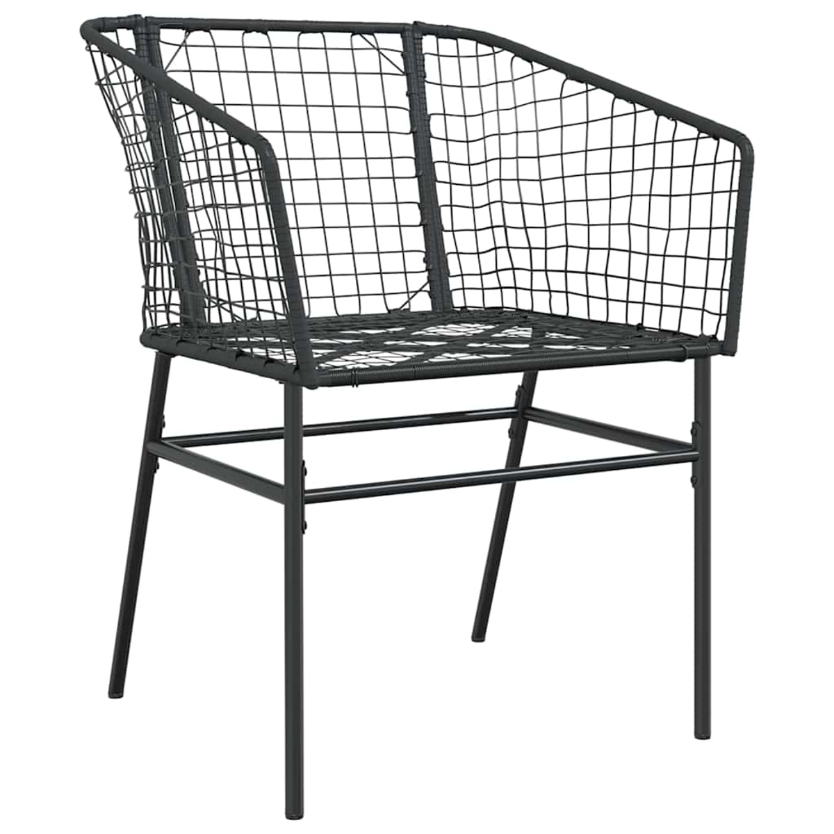 Ein dunkelgrauer Metallstuhl mit Drahtgitterrücken und -sitz. Der Stuhl hat vier Beine und Armlehnen und ist auf Weiß isoliert.