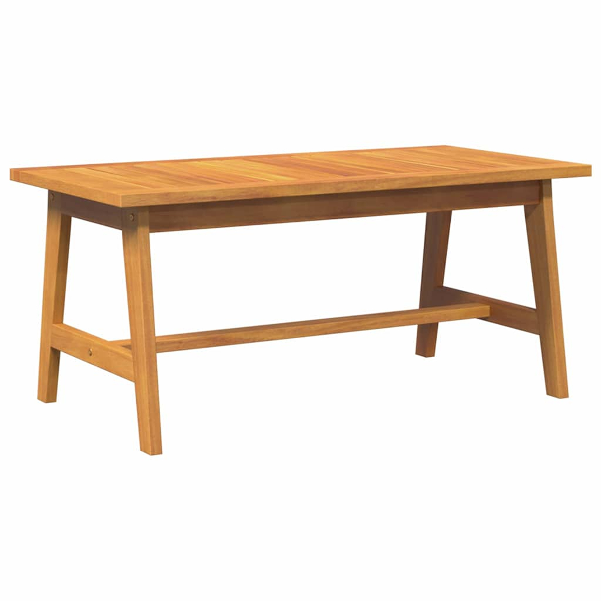 Ein Holztisch mit rechteckiger Platte und abgewinkelten Beinen. Er hat eine hellbraune Farbe, und der Hintergrund ist weiß.