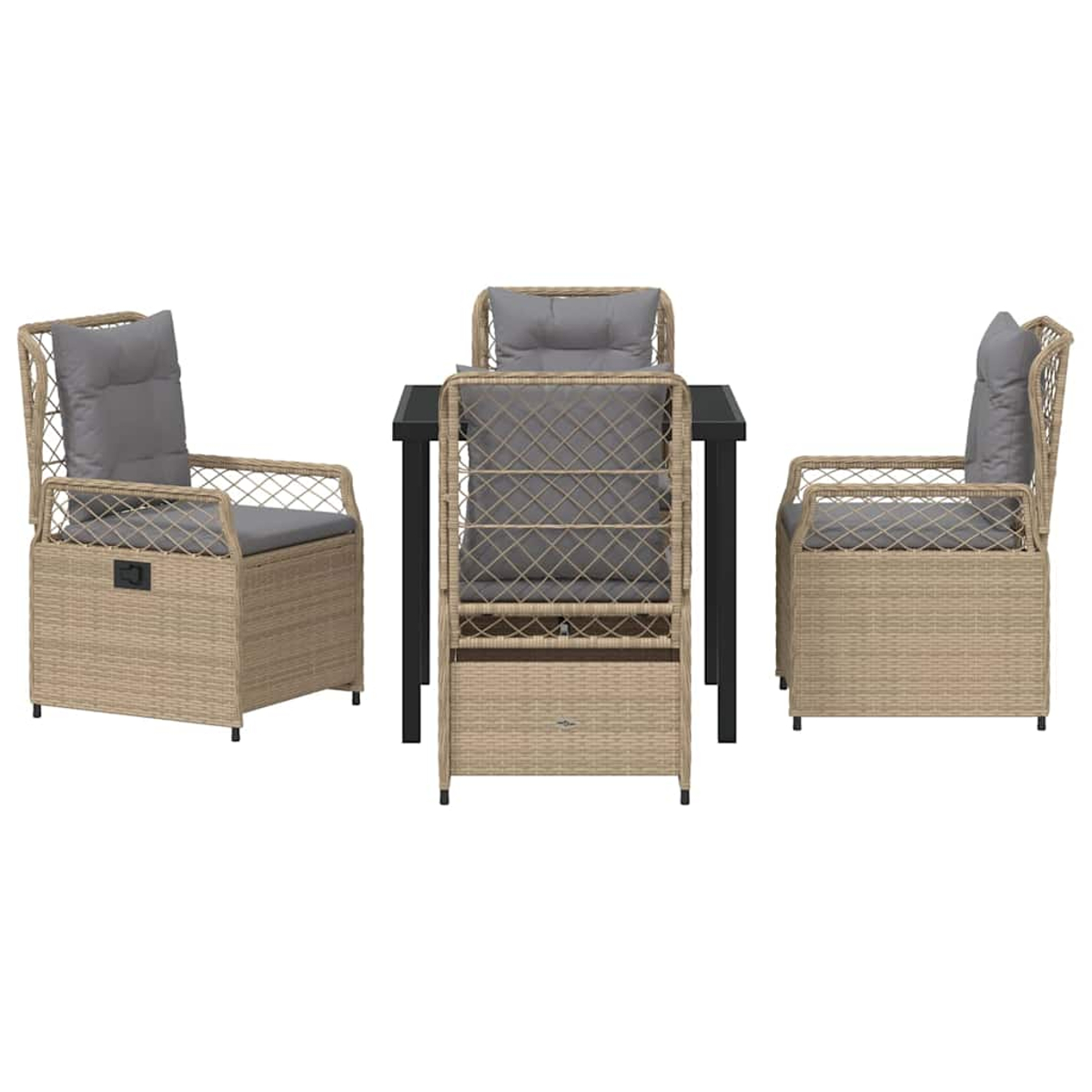 Geflochtenes Terrassenmöbel-Set. Enthält einen schwarzen Tisch und drei Stühle mit grauen Kissen. Beiges gewebtes Korbgewebe.
