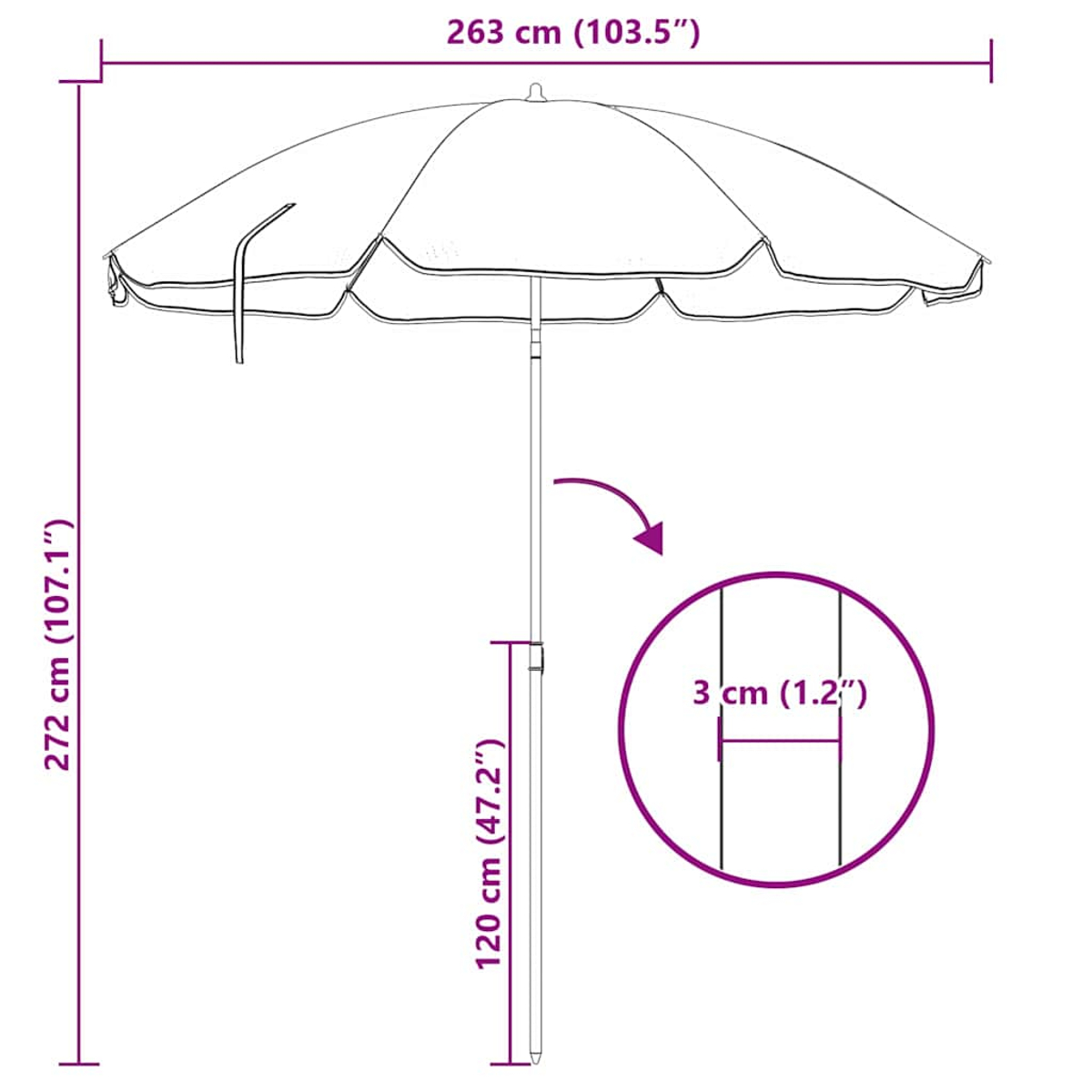 Diagramma di un ombrellone con dimensioni: alto 272 cm, largo 263 cm, palo lungo 120 cm e diametro 3 cm.