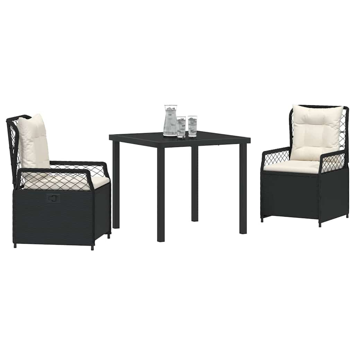 Gartenmöbel-Set. Enthält einen schwarzen quadratischen Tisch, zwei schwarze Sessel mit Kissen und zwei Gläser und eine Kanne.