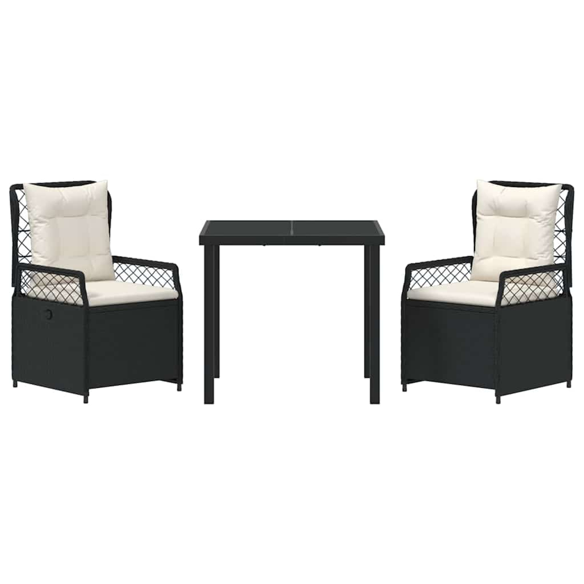 Ein schwarzes Terrassenset mit zwei Stühlen und einem kleinen Tisch. Stühle haben weiße Kissen. Der Tisch ist quadratisch und schwarz.