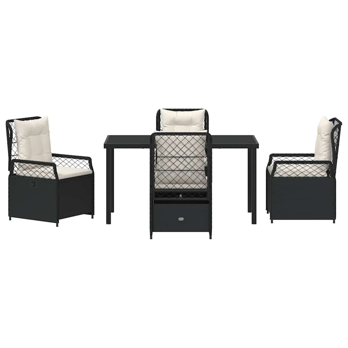 Garten-Ess-Set: schwarzer Tisch, 3 Stühle und eine Bank. Stühle haben cremefarbene Kissen. Das Set befindet sich auf weißem Hintergrund.