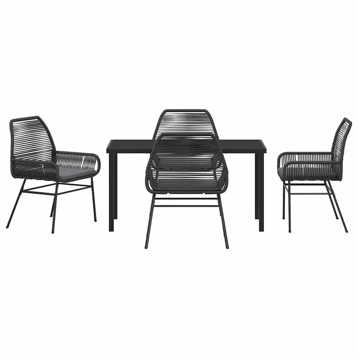 Un set da pranzo nero per esterni con un tavolo e tre sedie. Le sedie hanno schienali e sedili intrecciati. Il tavolo è rettangolare.