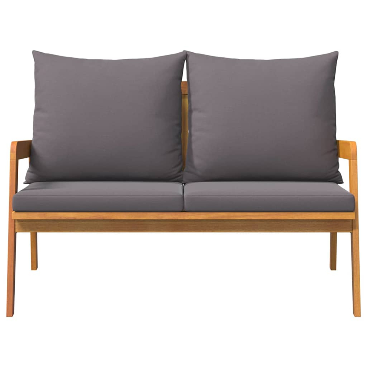 Ein zweisitziges Outdoor-Sofa aus Holz mit grauen Kissen und Polstern. Der Rahmen ist hellbraun. Die Kissen und Polster sind grau.