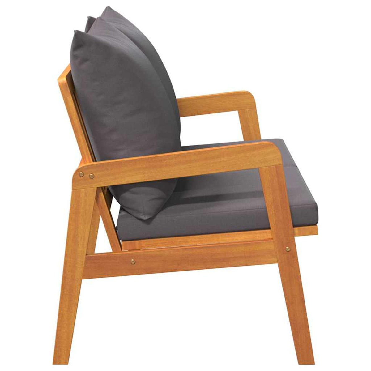 Holz-Outdoor-Sofa mit zwei grauen Kissen und Sitzfläche. Der Rahmen ist hellbraun. Der Hintergrund ist weiß.