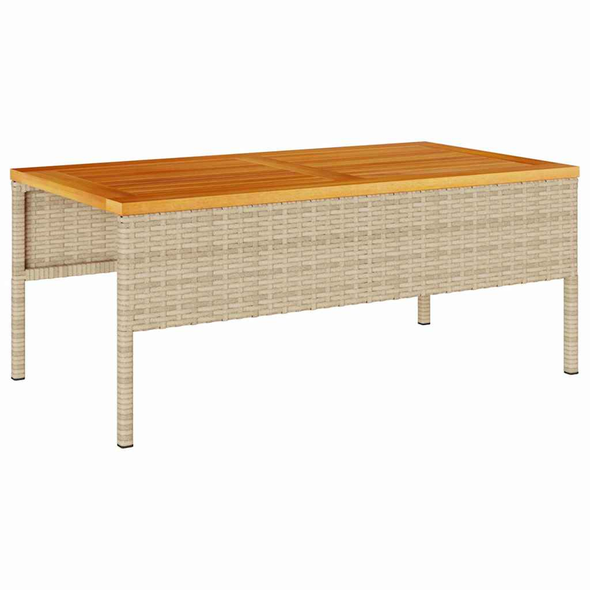 Ein rechteckiger Couchtisch mit hellbrauner Holzplatte und beigem gewebtem Unterbau. Vier Beine stützen ihn.