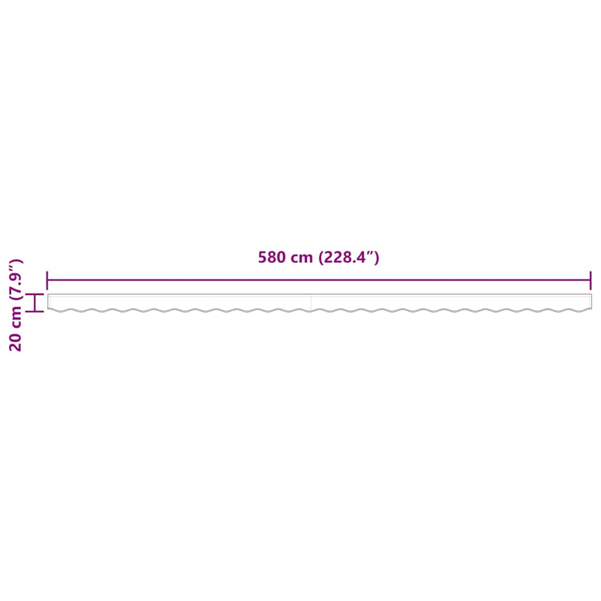 Ein weißes Objekt mit gewelltem Rand, beschriftet mit den Maßen: 580 cm (228,4") lang, 20 cm (7,9") hoch. Links eine kleine Messlinie.