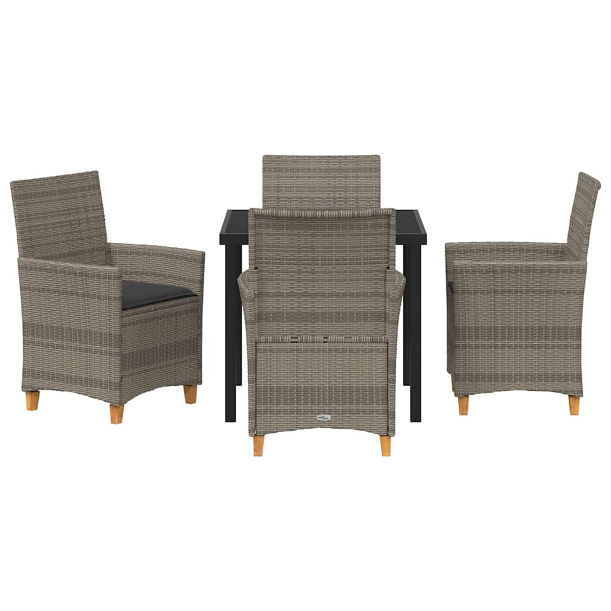 Ein Rattan-Essset für den Außenbereich. Es hat einen schwarzen Tisch und vier graue Stühle. Die Stühle haben schwarze Kissen und Holzbeine.