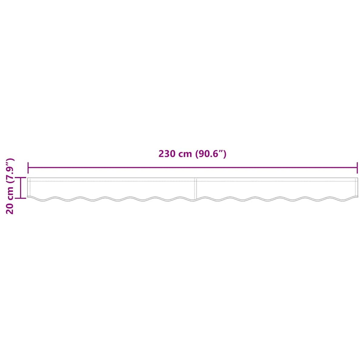 Diagramm mit horizontalem Abschnitt und Abmessungen: 230 cm (90,6") lang und 20 cm (7,9") hoch, mit gewellter Unterkante.