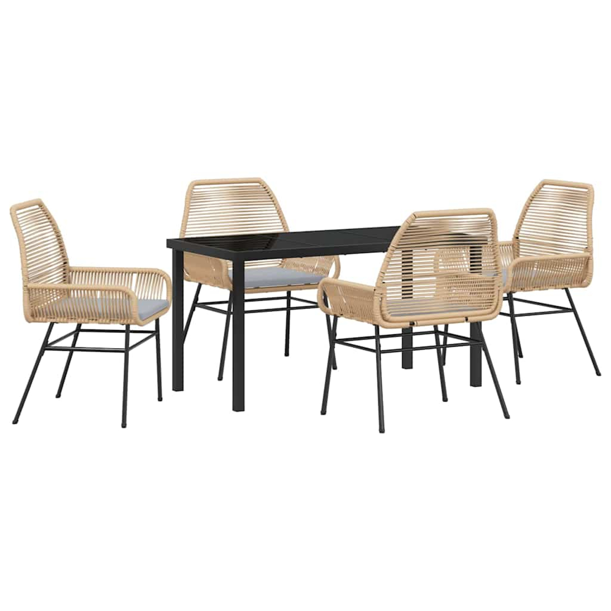 Un set da pranzo con un tavolo nero e quattro sedie in vimini beige con gambe nere.