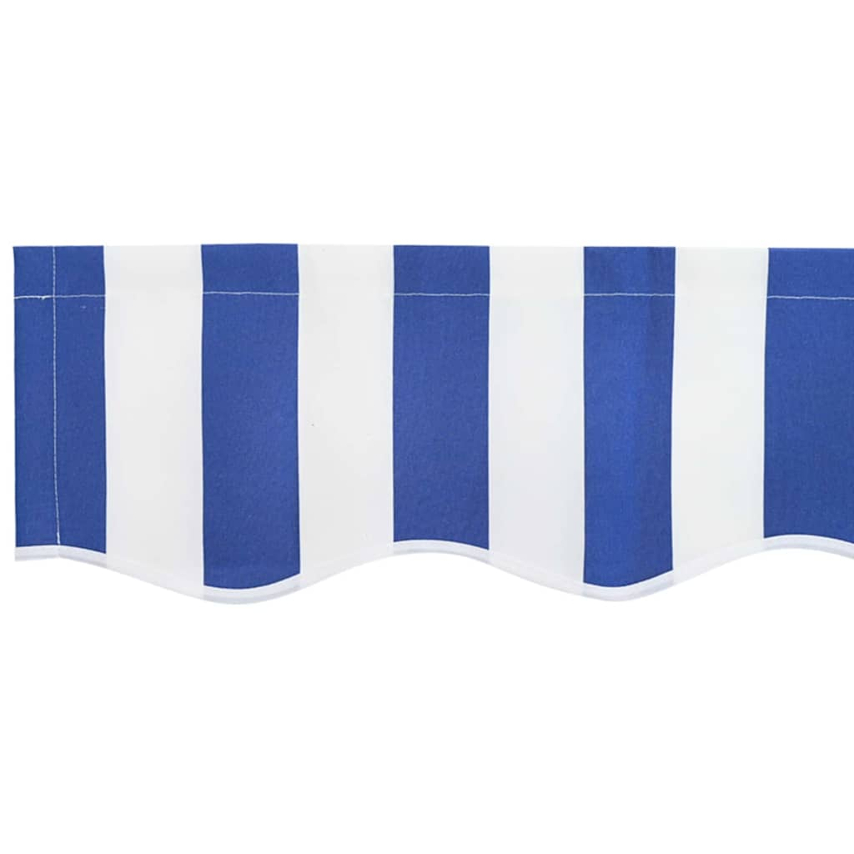 Ein blau-weiß gestreifter Markisen-Volant. Die Streifen wechseln sich ab, mit einem gewellten Rand unten. Weißer Hintergrund.