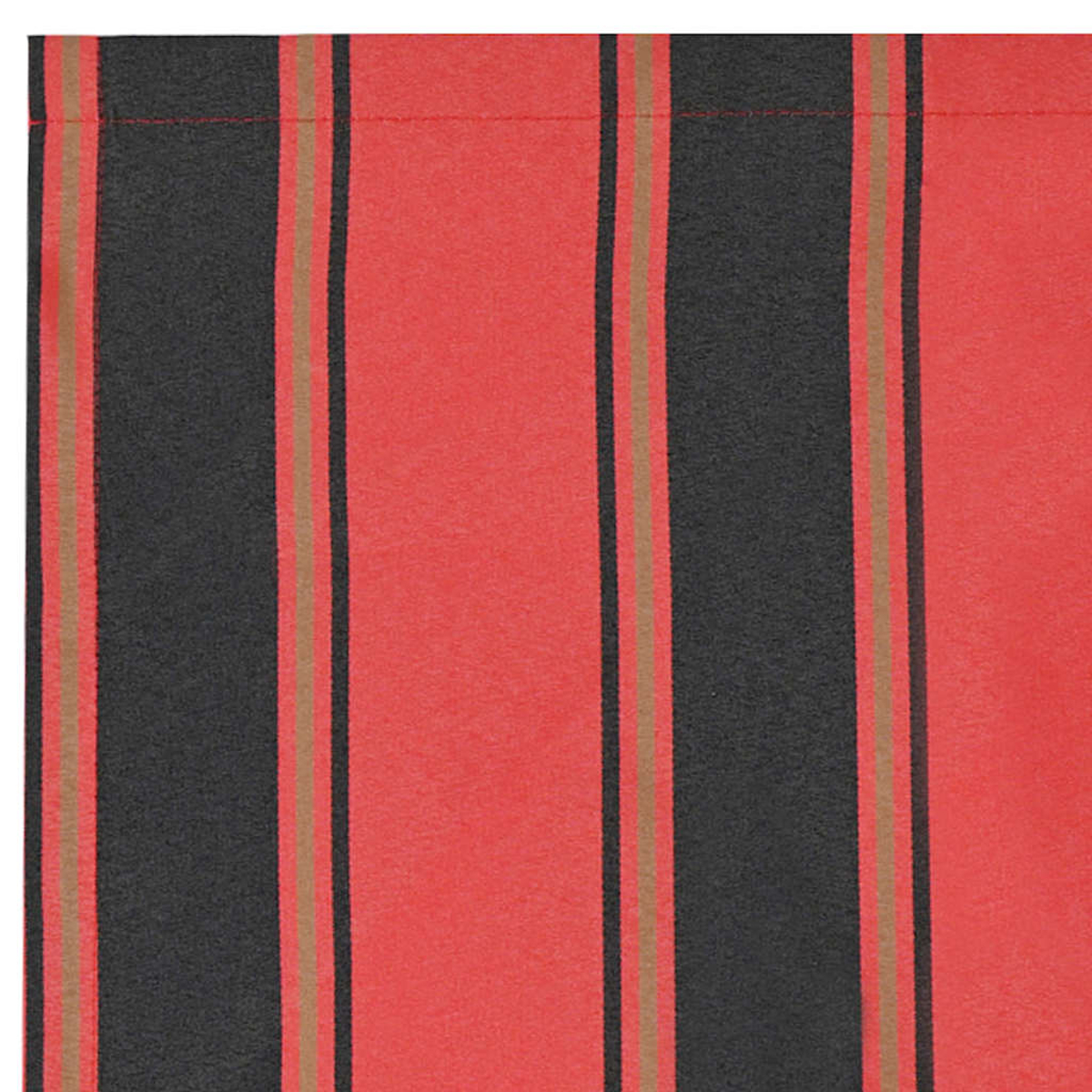 Ein Textilmuster mit vertikalen Streifen. Abwechselnd rote und schwarze Streifen mit dünnen braunen Streifen dazwischen. Oben ist eine Naht.