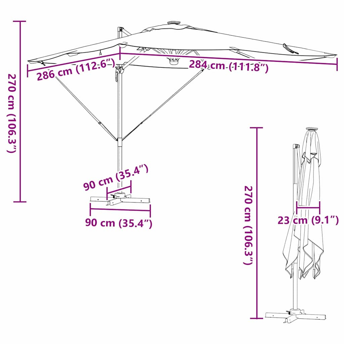 Diagramma di un ombrellone con dimensioni. Mostra la lunghezza e la larghezza dell'ombrellone, con misure in cm e pollici.