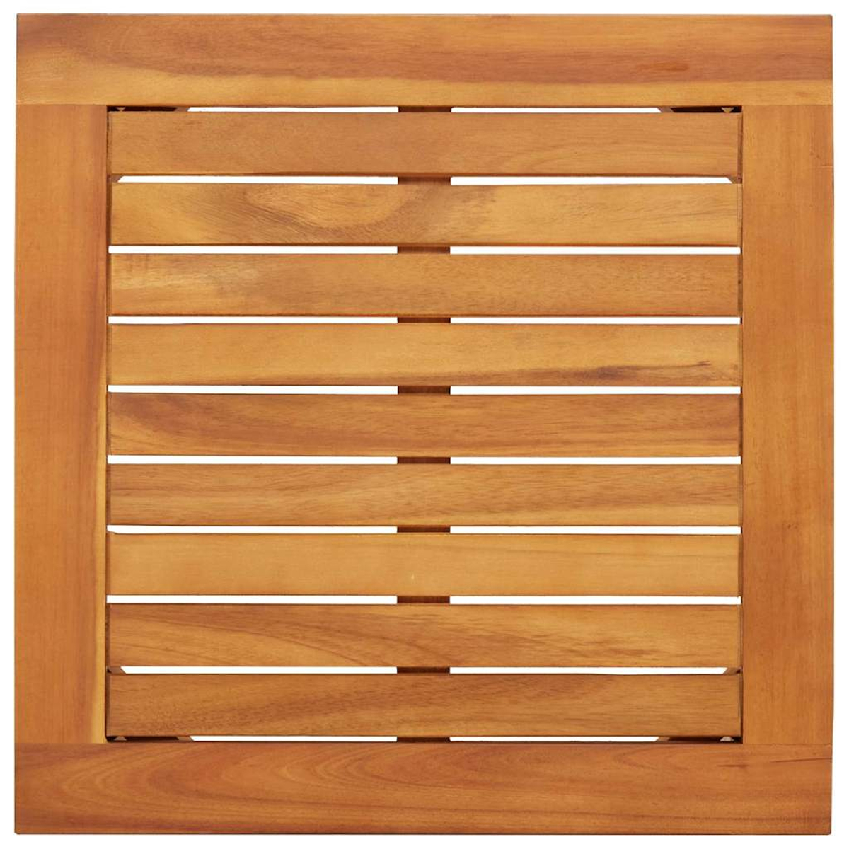Draufsicht auf einen quadratischen Holztisch mit horizontalen Lamellen. Der Tisch besteht aus hellbraunem Holz mit sichtbarer Maserung.