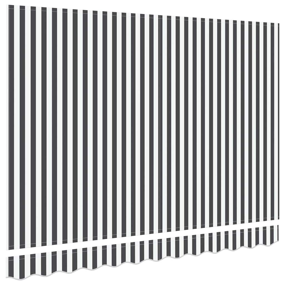 Eine gestreifte Markise mit abwechselnd schwarzen und weißen vertikalen Streifen. Der untere Rand hat ein gewelltes Design.