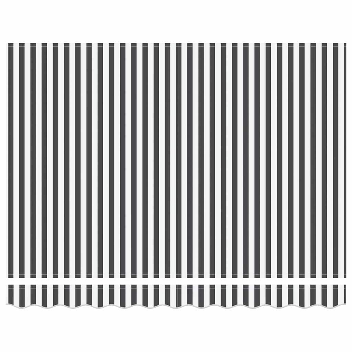 Das Bild zeigt ein gestreiftes Muster aus schwarzen und weißen vertikalen Linien, das einem Vorhang oder einer Markise ähnelt. Der untere Rand hat ein gewelltes Design.