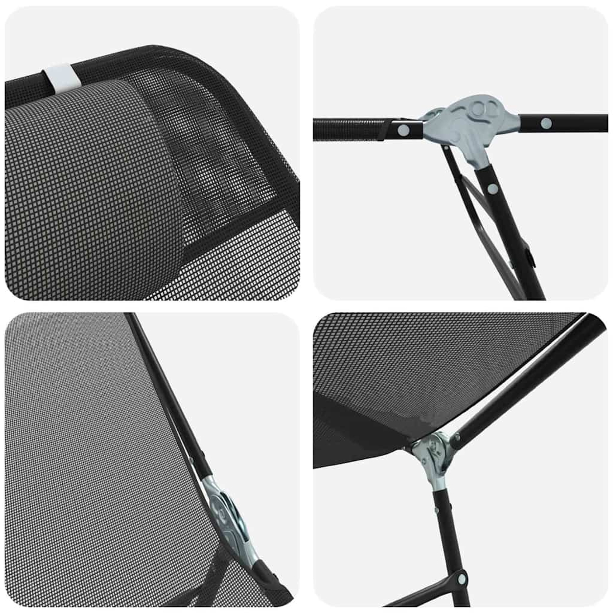 Nahaufnahme eines schwarzen Netzstuhls. Details zeigen Rahmen, Verbindungen und Netzmaterial. Verschiedene Winkel zeigen Struktur und Design.