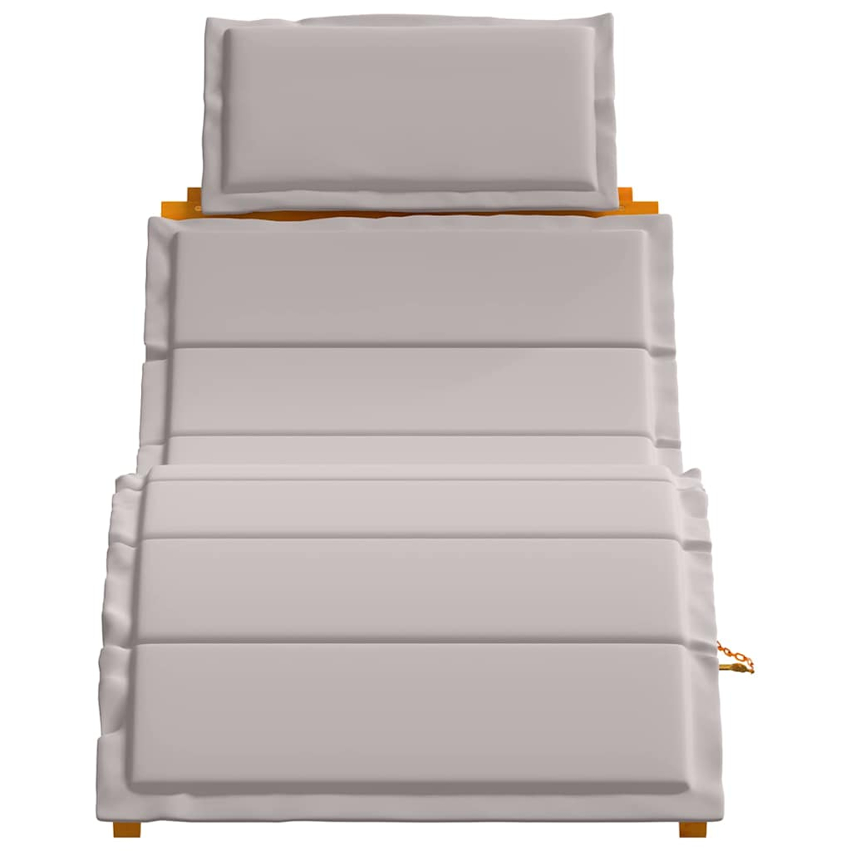 Eine weiße, gepolsterte Chaiselongue, von oben betrachtet. Sie hat eine Kopfstütze und mehrere gepolsterte Abschnitte. Der Rahmen ist orangefarben und aus Holz.