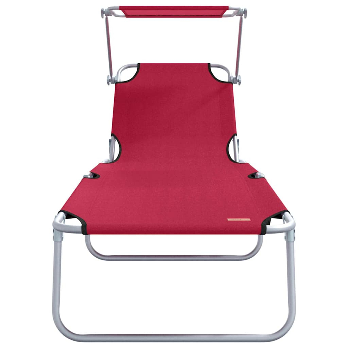 Ein roter Strandstuhl mit weißem Gestell und Sonnenschutz. Der Stuhl ist leer und einsatzbereit, isoliert auf weißem Hintergrund.