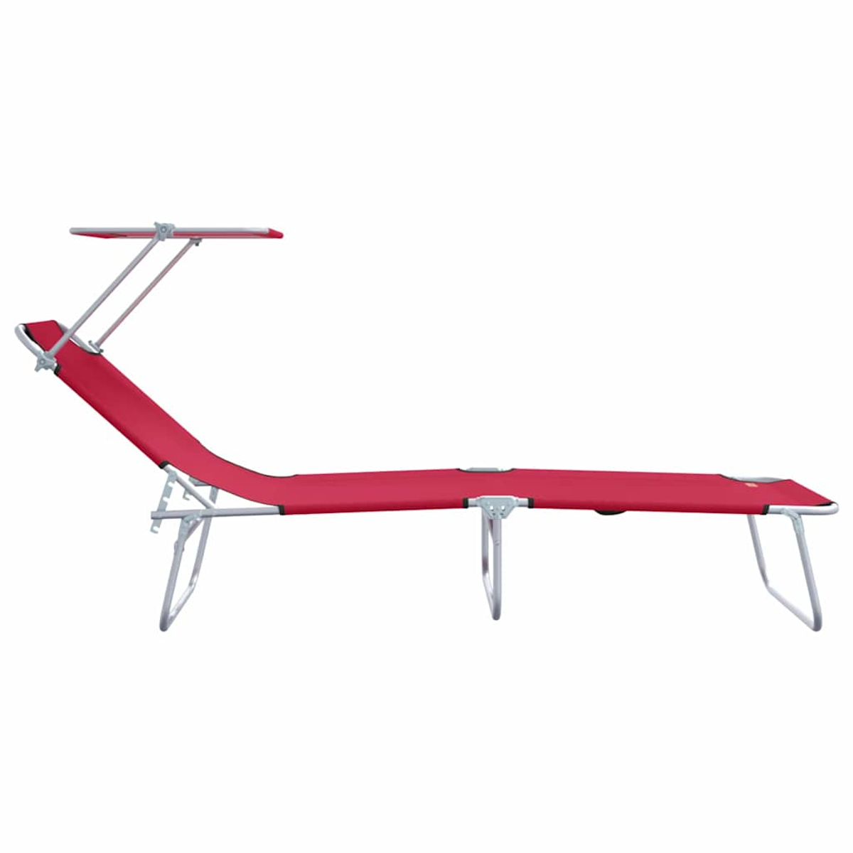 Ein roter Strandstuhl mit Vordach und Metallrahmen. Der Stuhl ist zurückgelehnt. Der Hintergrund ist weiß.