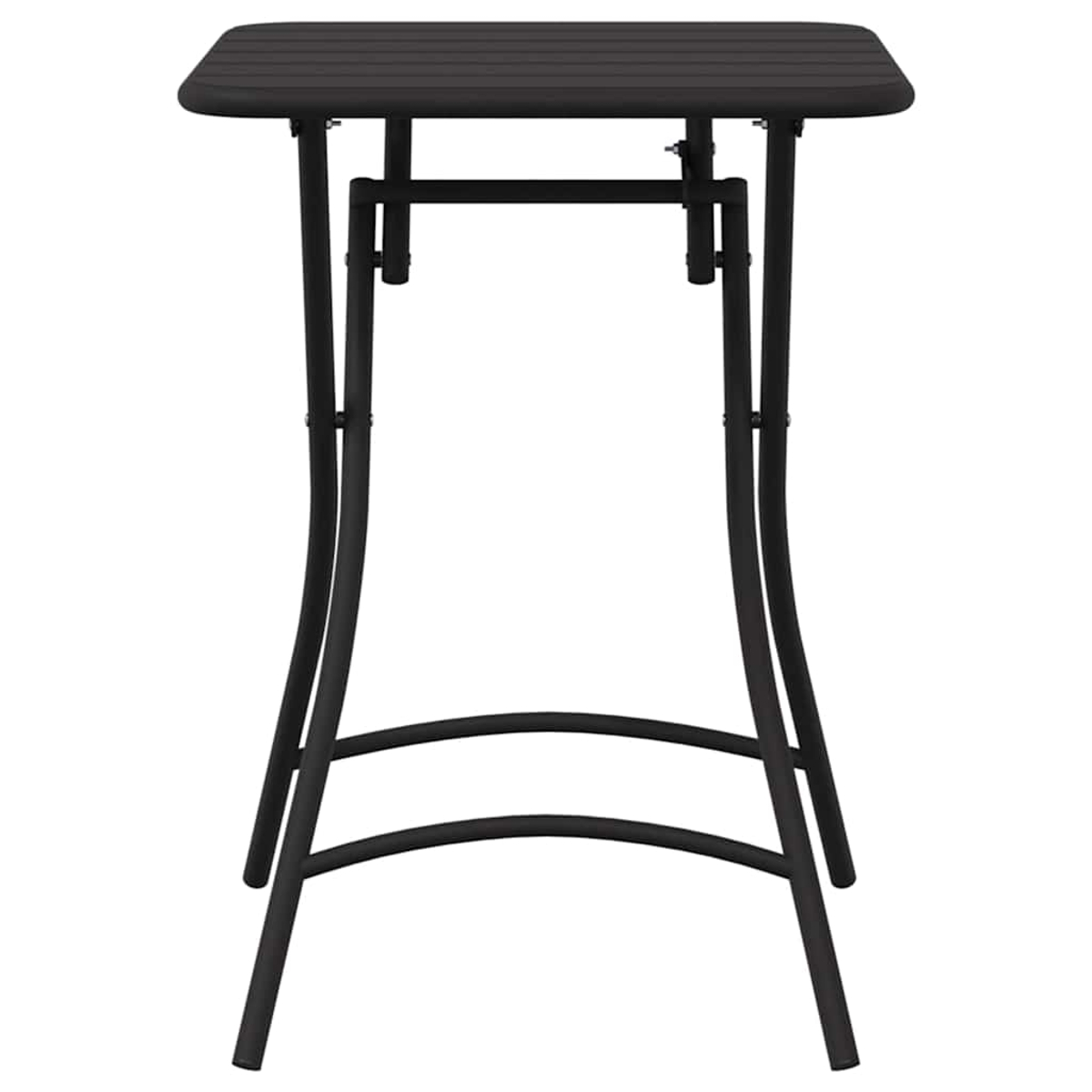 Se muestra una mesa cuadrada de metal negro, con patas curvas y una tapa de listones, sobre un fondo blanco.