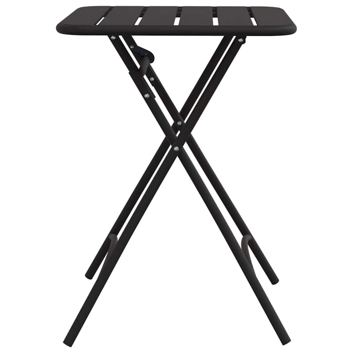 Una mesa plegable negra para exteriores. Tiene una tapa cuadrada con lamas y patas en forma de X. Aislada sobre blanco.