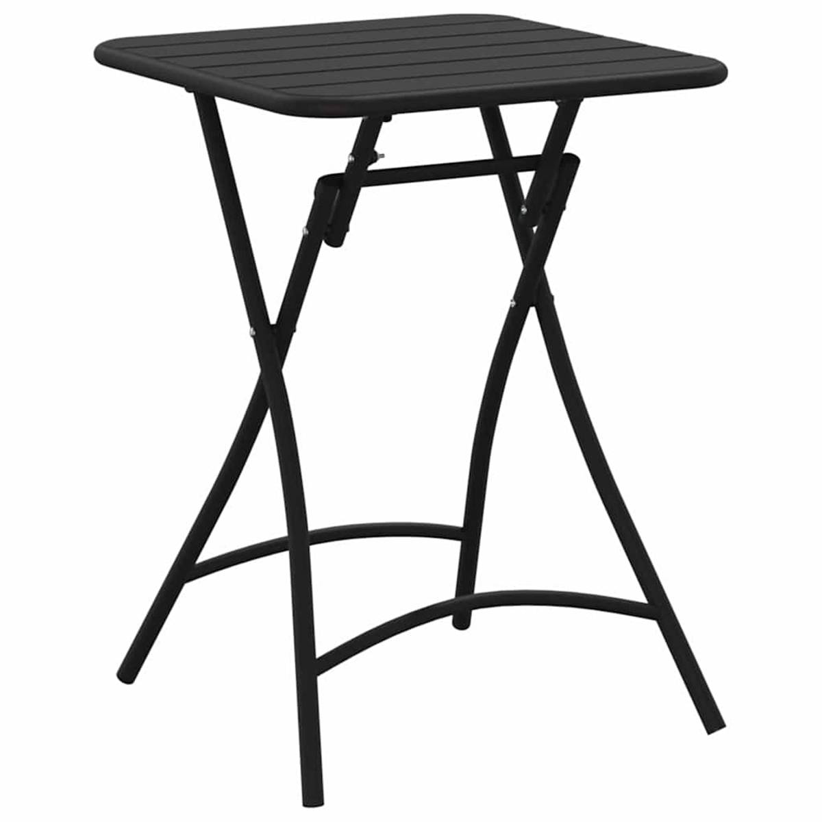 Una mesa cuadrada negra y plegable sobre fondo blanco. La mesa tiene una tapa de listones y patas metálicas en forma de X.