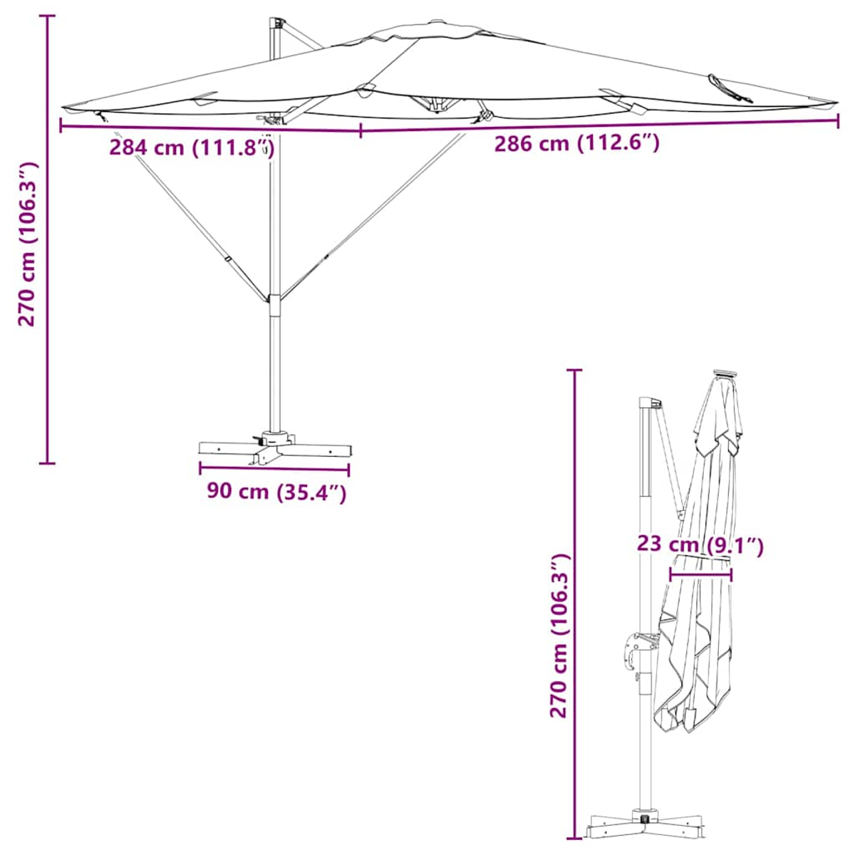Diagramm, das einen großen Sonnenschirm im Freien mit Abmessungen zeigt. Er ist 270 cm hoch und hat eine Breite von 284 cm auf einer Seite und 286 cm auf der anderen.