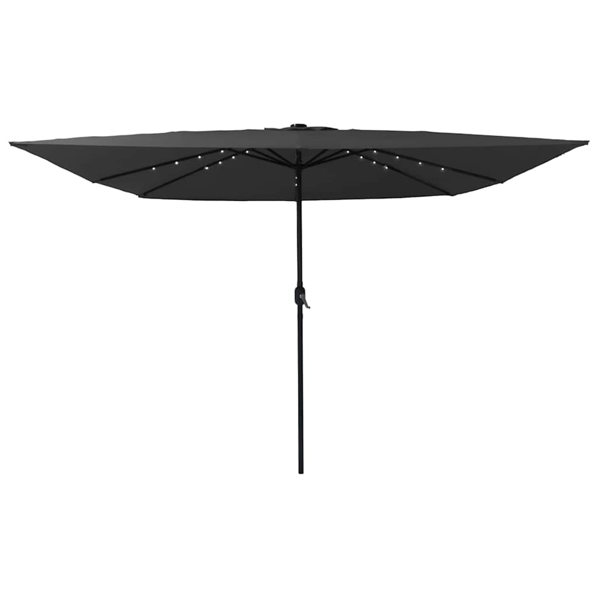 Un ombrellone nero con luci. L'ombrellone è aperto e ha un palo nero. Lo sfondo è bianco.