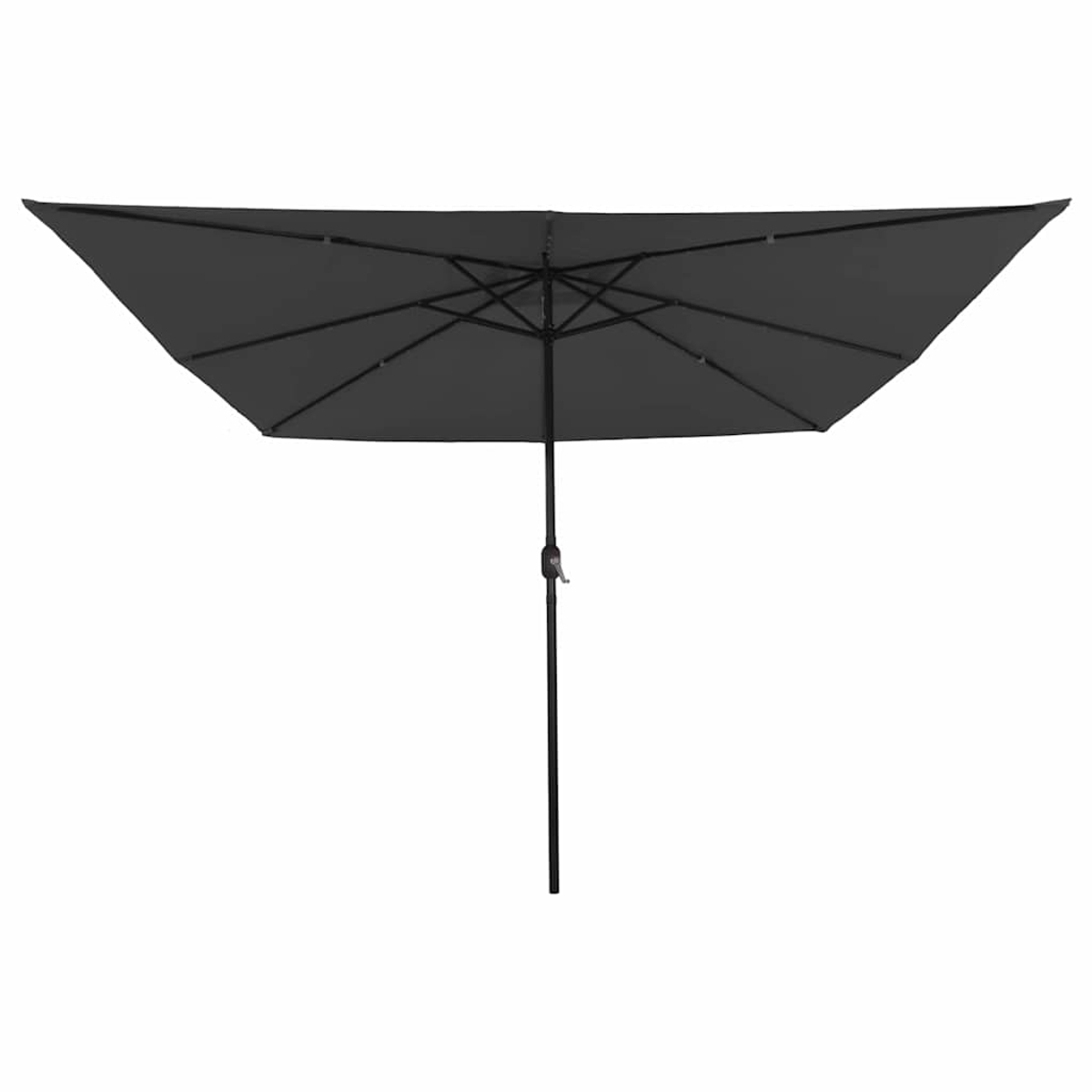 Un ombrellone da patio rettangolare nero. L'ombrellone è aperto, con un palo e un telaio neri. Lo sfondo è bianco.