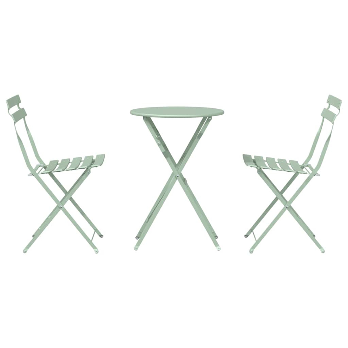 Ein hellgrünes Metall-Bistrotisch-Set, bestehend aus einem runden Tisch und zwei Stühlen, alle zusammengeklappt. Weißer Hintergrund.