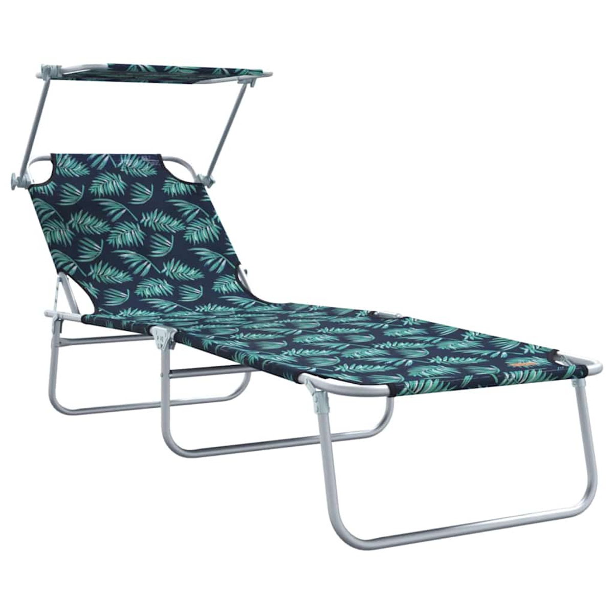 Ein zusammenklappbarer Strandstuhl mit Sonnensegel. Er hat einen marineblauen Stoff mit grünen Blättern, ein silbernes Gestell und steht vor weißem Hintergrund.