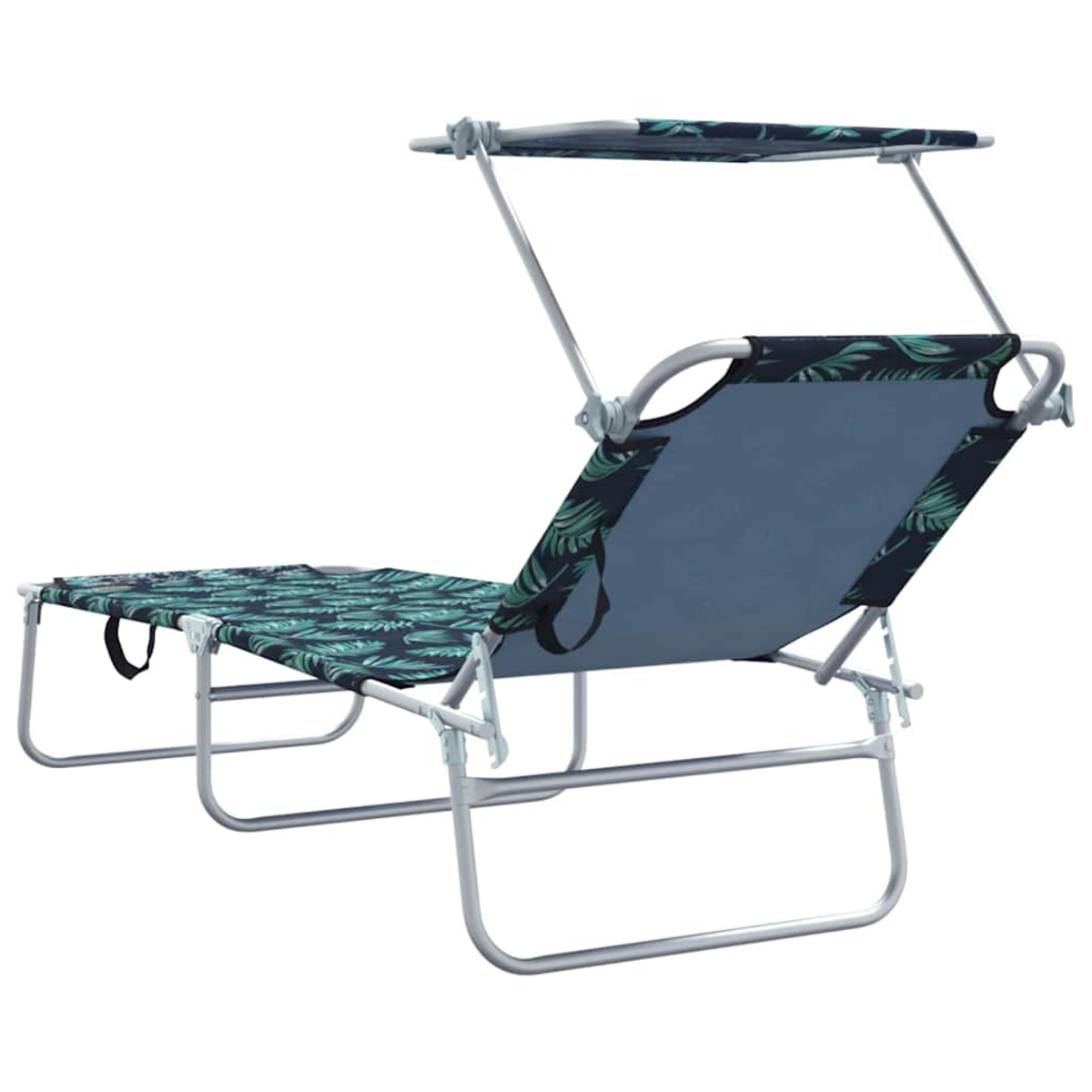 Ein Strandstuhl mit blauem und grünem Blättermuster und einem Baldachin. Er hat einen silbernen Rahmen und steht vor weißem Hintergrund.
