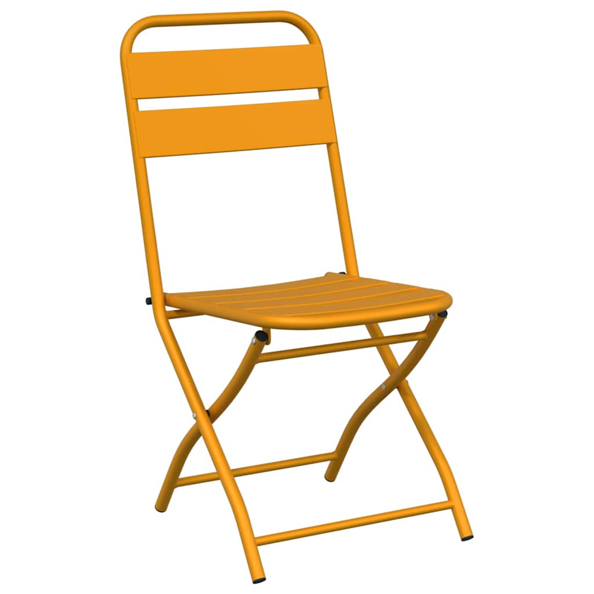 Una silla plegable amarilla con marco curvo y asiento y respaldo de listones. El fondo es blanco liso.