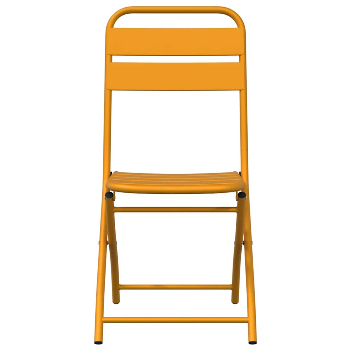 Una silla plegable amarilla está centrada sobre un fondo blanco. La silla tiene asiento y respaldo de listones, con la parte superior redondeada.